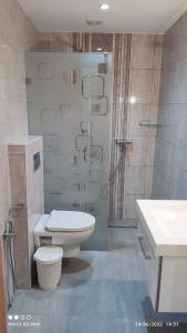 古莱比耶Kelibia beach luxury maison的浴室配有卫生间、淋浴和盥洗盆。