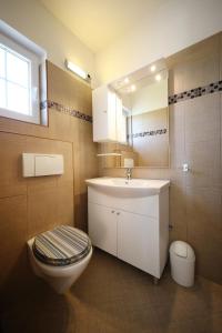 比比涅Rooms & Studio apartmani Flower的一间带水槽、卫生间和镜子的浴室