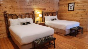 Thompson FallsRiverfront Motel & Cabins的木墙客房的两张床