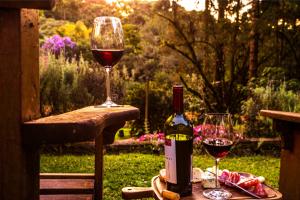 蒙特韦尔迪Pousada Vila Suiça - Monte Verde的桌子上放有一瓶葡萄酒和两杯酒