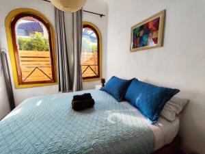 圣地亚哥Mondrian Santiago的一间卧室配有一张带蓝色枕头的床和两个窗户。