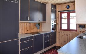 高尔Stunning Home In Gol With Sauna的厨房配有灰色橱柜和窗户