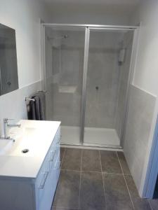 霍巴特皮卡丽德富格旅舍的带淋浴和白色盥洗盆的浴室