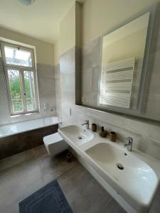 莱比锡Ruhige&charmante Altbauwohnung的白色的浴室设有水槽和镜子