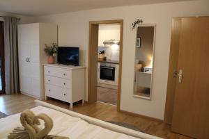 施卢赫湖Ferienhaus Carl的客房设有带厨房和镜子的卧室