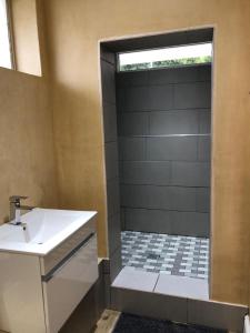 帕尔Kortrijk Paarl Self Catering的带淋浴、白色水槽和淋浴的浴室