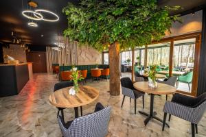 韦巴Sailor Łeba的一间设有两张桌子和椅子的餐厅以及一棵树