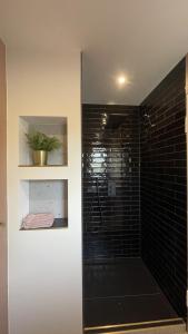 巴特哈尔茨堡Malis-Ferienhaus的一间带淋浴的浴室,配有黑色瓷砖墙