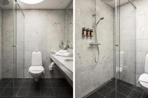 斯德哥尔摩哈根别墅酒店的两张照片,浴室设有淋浴和卫生间