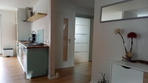 伊尔森堡Appartement Tischi的客房设有带柜台和镜子的厨房