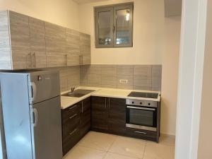 伊加洛Apartment Park and Beach的厨房配有不锈钢冰箱和水槽