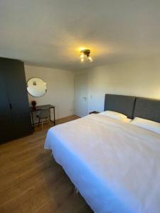 路德维希堡Nisay Home - 3 Room Apartment - Nr3的卧室配有一张白色的大床和一张桌子