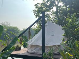 Tân PhúLittlefarm - Nam Cat Tien的甲板上的一个白色帐篷