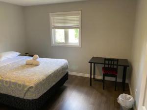 金斯顿Nice Rooms Stay - Unit 2的一间卧室配有一张床、一张桌子和一个窗户。