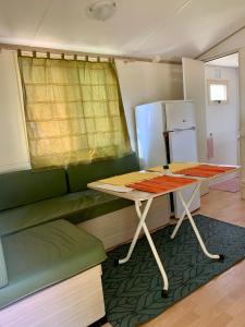 蒂萨菲赖德Tóparti Camping的厨房配有桌子和绿色沙发。