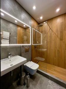 基辅Hotel Fregat的一间带水槽、卫生间和淋浴的浴室