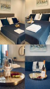 卡西奥皮Wave Luxury Apartments的酒杯和床的酒店客房照片拼贴