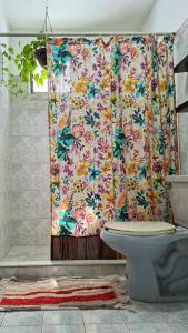 坎昆Tu Casa en el Caribe的带淋浴帘和卫生间的浴室