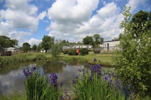 萨克斯曼德姆4 Berth Caravan With Decking And Wifi At Carlton Meres In Suffolk Ref 60010k的一座建筑前的池塘,池塘里布满紫色的花