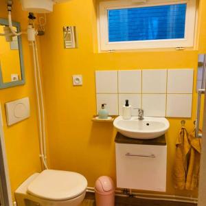 鲁昂Barbapappart - Un studio coloré dans le centre de Rouen的黄色的浴室设有卫生间和水槽
