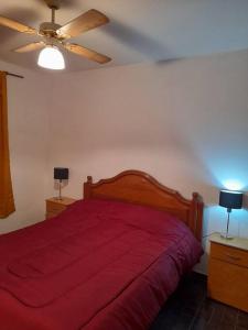 阿尔韦亚尔将军镇Casa amplia y cómoda的一间卧室配有红色的床和吊扇