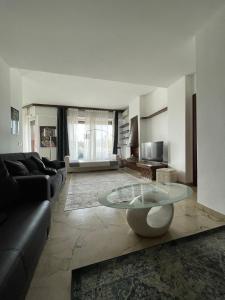 罗马Eur Centro lux apartment con camino的带沙发和玻璃桌的客厅