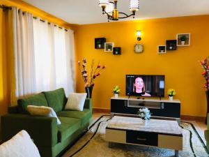 内罗毕Maliaways Comfy Airbnb-Jkia的客厅配有绿色沙发和电视