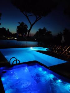 伊斯基亚Villa Cinque Pini的夜晚的游泳池,灯光蓝色