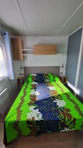 波讷地区圣朱利安Mobil-home Loic camping les Dunes de Contis的一间卧室配有一张带五颜六色棉被的床