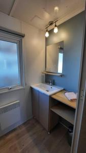 波讷地区圣朱利安Mobil-home Loic camping les Dunes de Contis的一间带水槽和镜子的浴室