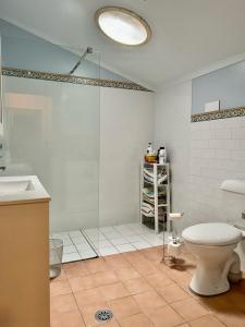 库马库马伍德维尔度假屋的一间带卫生间和玻璃淋浴间的浴室