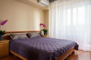 阿拉木图Золотой квадрат 60 кв2的一间卧室配有一张带紫色棉被的床和窗户。