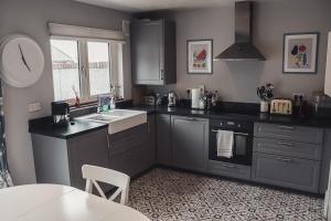 都柏林Phoenix House的厨房配有灰色橱柜、桌子和水槽
