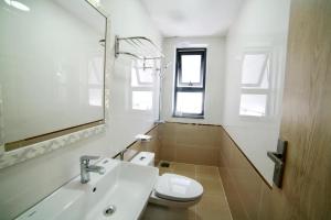 邦美蜀Căn hộ Hoàng Anh DakLak Ngay trung tâm Full nội thất 3PN thoải mái cho 8-12 người的一间带水槽、卫生间和镜子的浴室