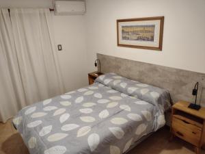 里奥夸尔托Departamento amoblado Rio Cuarto的一间卧室配有一张带灰色床罩的床