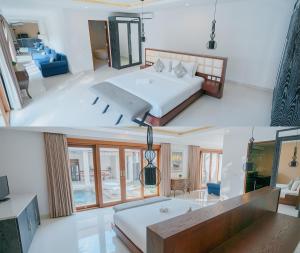 罗威那Odika Lovina Villas的一张床位和客厅卧室的两张照片