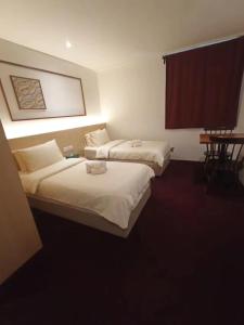 马六甲Domo Japanese Style Bedroom的酒店客房设有两张床和电视。