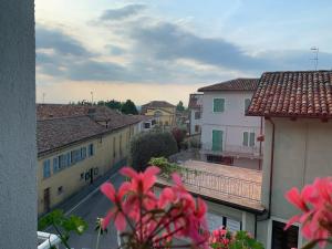 拉莫拉A Casa di Viola - Appartamento的享有拥有建筑和粉红色鲜花的城市美景