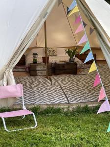 诺里奇Willow glamping的草上带一张床和椅子的帐篷