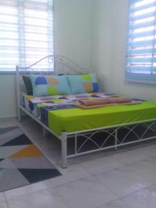 巴西富地Adilah Homestay B的一间卧室配有一张带绿床单和枕头的床。