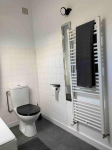 勒克鲁西克Duplex sur le port du Croisic的一间带卫生间和黑色座椅的浴室