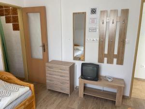 马汀Izba JULIANA v Penzióne pod Smrekom的一间卧室配有一张床和一张桌子上的电视