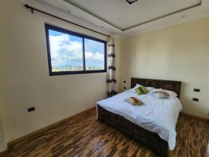 亚的斯亚贝巴Sora Addis BnB的一间卧室设有一张大床和大窗户