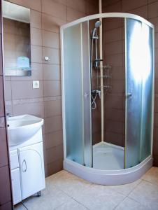 扎托卡Villa SeaZone的浴室里设有玻璃门淋浴