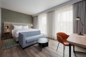鲁瓦西昂法兰西Residence Inn by Marriott Paris Charles de Gaulle Central Airport的酒店客房配有一张床、一把椅子和一张书桌