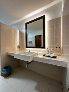 马六甲19th Century Boutique Hotel的白色的浴室设有水槽和镜子