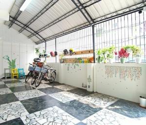 Chaozhou上海民宿的种植了植物的房间,有自行车停放在温室里