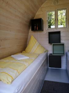 BurowHotel Zum Birkenhof的一个小房子里的一个床位,有两台电视