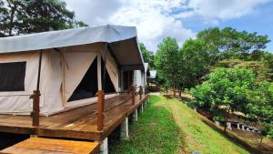 新山Canopy Villa Sireh Park的田野上带木甲板的帐篷