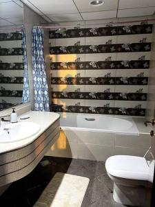 阿吉曼Luxury full sea view flat的一间带水槽、浴缸和卫生间的浴室
